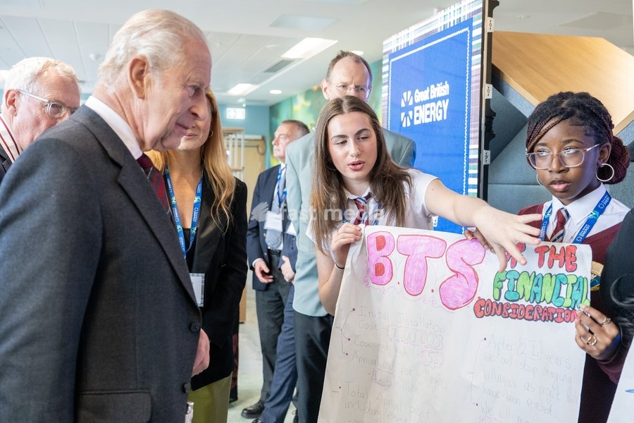 King Charles III meets pupils from Harlaw Academy during a visit to the new Great British Energy headquarters in Aberdeen to meet with representatives working across North East Scotland supporting the United Kingdom’s energy transition. Picture date: Tuesday September 22, 2026