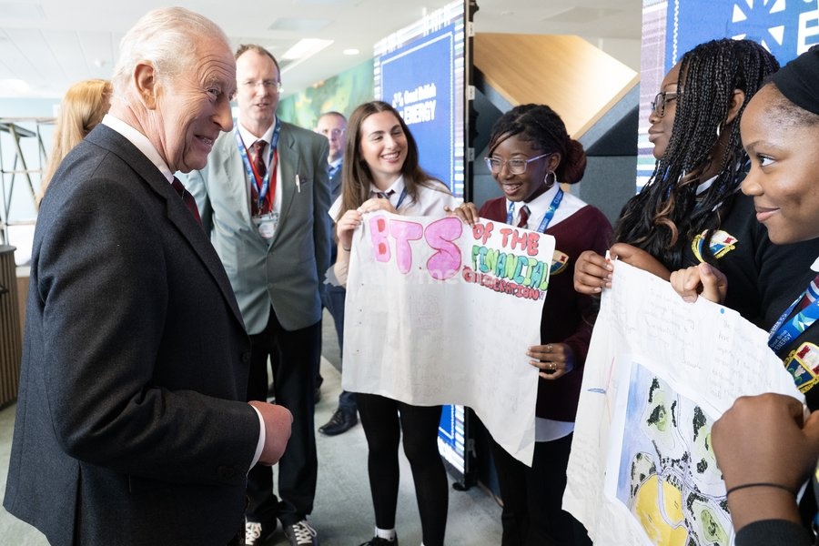 King Charles III meets pupils from Harlaw Academy during a visit to the new Great British Energy headquarters in Aberdeen to meet with representatives working across North East Scotland supporting the United Kingdom’s energy transition. Picture date: Tuesday September 22, 2026