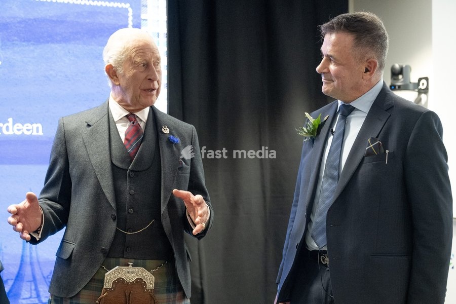 King Charles III speaks with Juergen Maier, Chair of Great British Energy, during a visit to the new Great British Energy headquarters in Aberdeen to meet with representatives working across North East Scotland supporting the United Kingdom’s energy transition. Picture date: Tuesday September 22,…