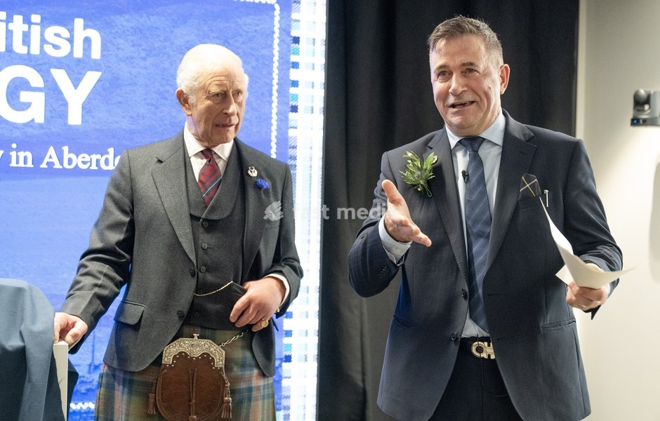 King Charles III speaks with Juergen Maier, Chair of Great British Energy, during a visit to the new Great British Energy headquarters in Aberdeen to meet with representatives working across North East Scotland supporting the United Kingdom’s energy transition. Picture date: Tuesday September 22,…