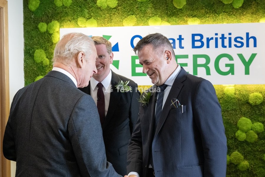 King Charles III greets Dan McGrail, CEO of Great British Energy, and Juergen Maier, Chair of Great British Energy, during a visit to the new headquarters in Aberdeen to meet representatives working across North East Scotland supporting the United Kingdom’s energy transition. Picture date: Tuesday…