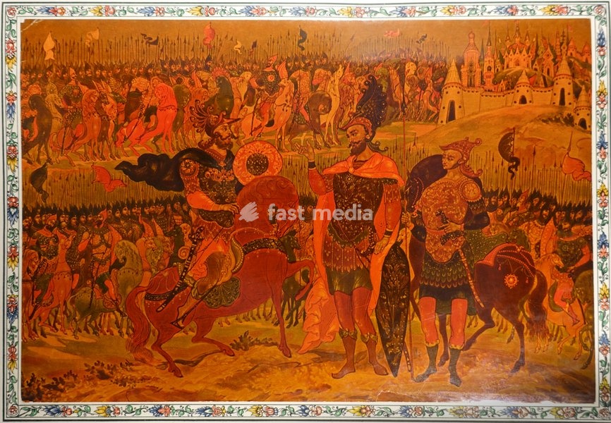 The Tale of Igor's Campaign, by Igor, son of Svyatoslav, grandson of Olgov. Old Russian text. Illustrated by Palekh master Ivan Ivanovich Golikov (1886-1937). 1934. Private collection