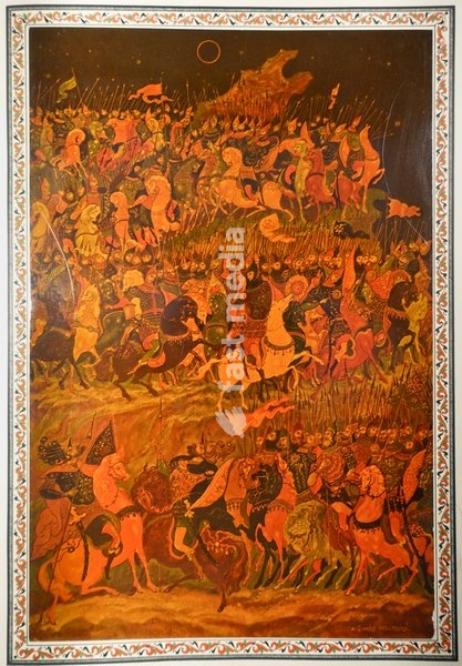 The Tale of Igor's Campaign, by Igor, son of Svyatoslav, grandson of Olgov. Old Russian text. Illustrated by Palekh master Ivan Ivanovich Golikov (1886-1937). 1934. Private collection