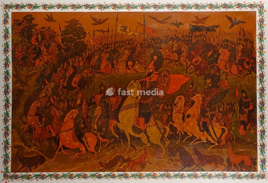The Tale of Igor's Campaign, by Igor, son of Svyatoslav, grandson of Olgov. Old Russian text. Illustrated by Palekh master Ivan Ivanovich Golikov (1886-1937). 1934. Private collection