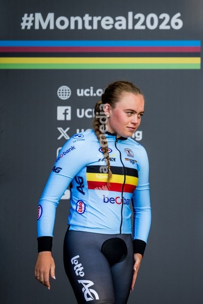 Belgian Yana Decruyenaere , winner of the silver medal pictured on the podium of the women's Junior individual time trial race (10,07 km) at the cycling UCI Road World Championship, in Montreal, Canada, Tuesday 22 September 2026