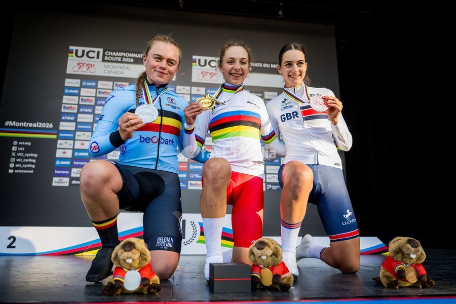 Belgian Yana Decruyenaere , winner of the silver medal pictured on the podium of the women's Junior individual time trial race (10,07 km) at the cycling UCI Road World Championship, in Montreal, Canada, Tuesday 22 September 2026