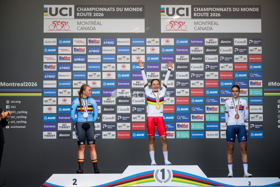 Belgian Yana Decruyenaere , winner of the silver medal pictured on the podium of the women's Junior individual time trial race (10,07 km) at the cycling UCI Road World Championship, in Montreal, Canada, Tuesday 22 September 2026