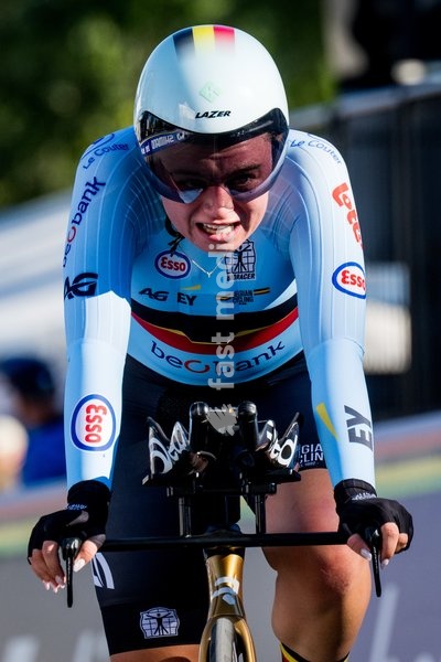 Belgian Yana Decruyenaere pictured in action during the women's Junior individual time trial race (10,07 km) at the cycling UCI Road World Championship, in Montreal, Canada, Tuesday 22 September 2026