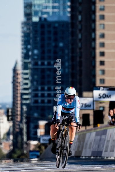Belgian Yana Decruyenaere pictured in action during the women's Junior individual time trial race (10,07 km) at the cycling UCI Road World Championship, in Montreal, Canada, Tuesday 22 September 2026