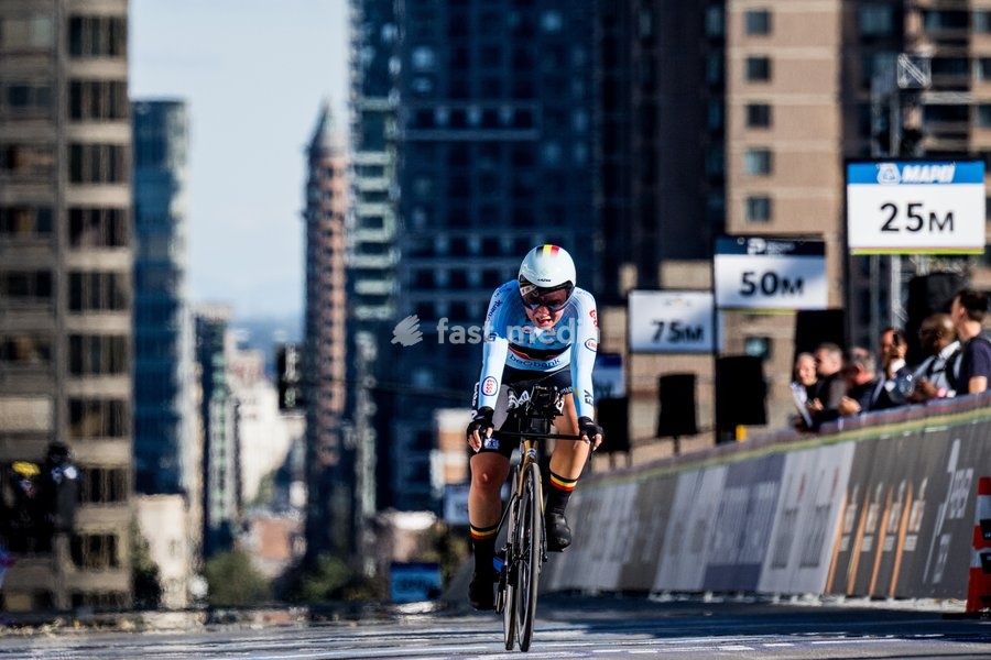Belgian Yana Decruyenaere pictured in action during the women's Junior individual time trial race (10,07 km) at the cycling UCI Road World Championship, in Montreal, Canada, Tuesday 22 September 2026