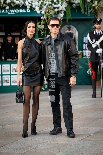 Ed Westwick and Amy Jackson arrive at Vogue world show during the Milan Fashion Week - Womenswear Spring/Summer 2027 in Milan, Italy, on 22 September 2026