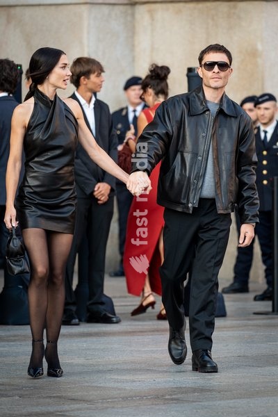 Ed Westwick and Amy Jackson arrive at Vogue world show during the Milan Fashion Week - Womenswear Spring/Summer 2027 in Milan, Italy, on 22 September 2026