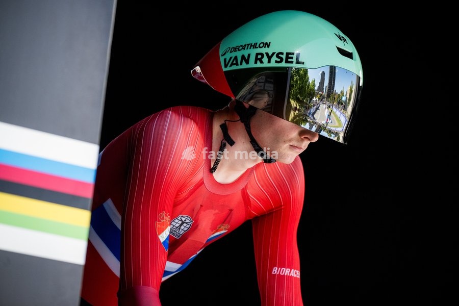 Norwegian Sindre Orholm Lonseth pictured in action during the men's Junior individual time trial race (20,03 km) at the cycling UCI Road World Championship, in Montreal, Canada, Tuesday 22 September 2026