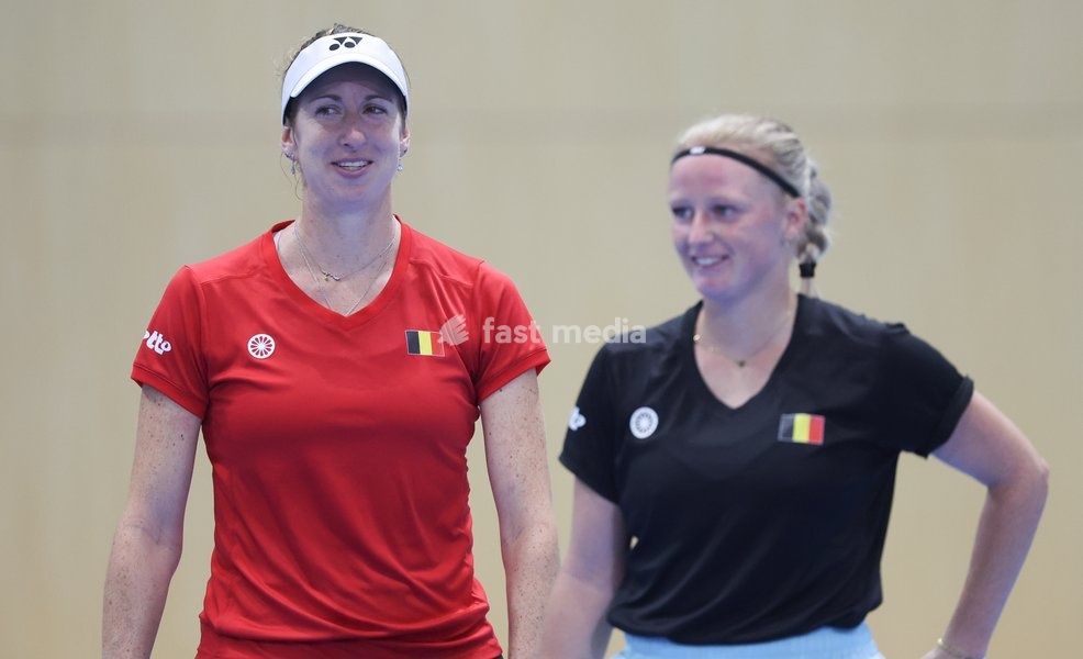 Belgian Magali Kempen and Belgian Lara Salden pictured during a training session for the Finals of the Billie King Cup tournament, on Wednesday 23 September 2026 in Shenzhen, China. Tomorrow, Belgium will play in Quarterfinals against Ukraine