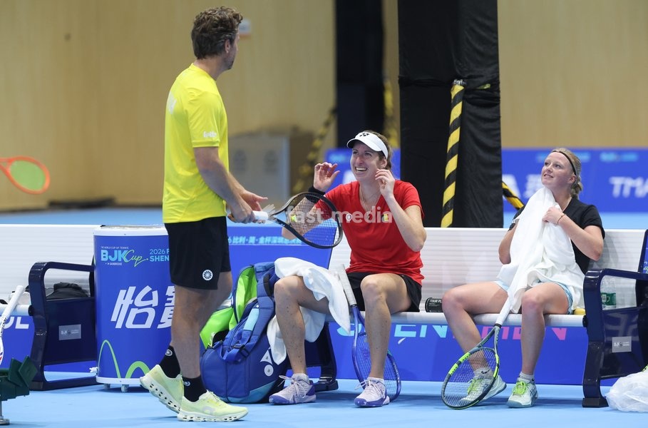 Belgian team captain Wim Fissette, Belgian Magali Kempen Belgian Lara Salden pictured during a training session for the Finals of the Billie King Cup tournament, on Wednesday 23 September 2026 in Shenzhen, China. Tomorrow, Belgium will play in Quarterfinals against Ukraine