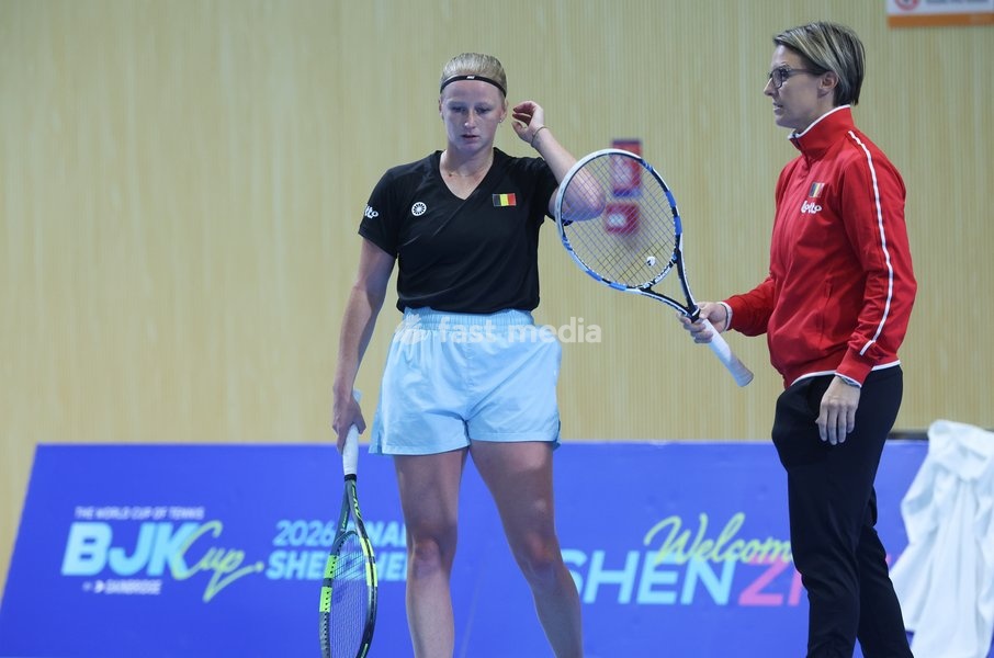 Belgian Lara Salden and Belgian Kirsten Flipkens pictured during a training session for the Finals of the Billie King Cup tournament, on Wednesday 23 September 2026 in Shenzhen, China. Tomorrow, Belgium will play in Quarterfinals against Ukraine