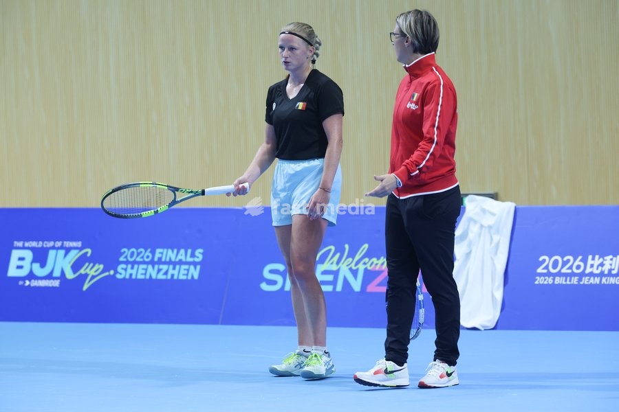 Belgian Lara Salden and Belgian Kirsten Flipkens pictured during a training session for the Finals of the Billie King Cup tournament, on Wednesday 23 September 2026 in Shenzhen, China. Tomorrow, Belgium will play in Quarterfinals against Ukraine