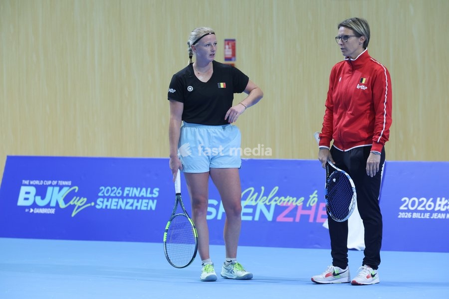 Belgian Lara Salden and Belgian Kirsten Flipkens pictured during a training session for the Finals of the Billie King Cup tournament, on Wednesday 23 September 2026 in Shenzhen, China. Tomorrow, Belgium will play in Quarterfinals against Ukraine