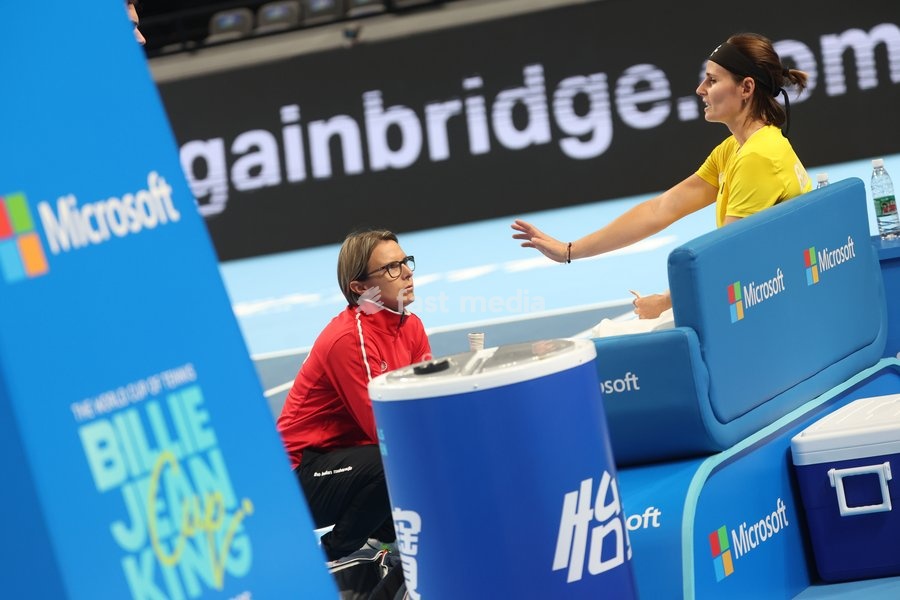 Belgian Greet Minnen and Belgian Kirsten Flipkens pictured during a training session for the Finals of the Billie King Cup tournament, on Wednesday 23 September 2026 in Shenzhen, China. Tomorrow, Belgium will play in Quarterfinals against Ukraine