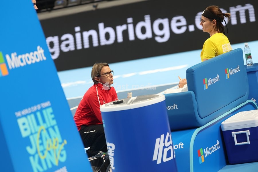 Belgian Greet Minnen and Belgian Kirsten Flipkens pictured during a training session for the Finals of the Billie King Cup tournament, on Wednesday 23 September 2026 in Shenzhen, China. Tomorrow, Belgium will play in Quarterfinals against Ukraine