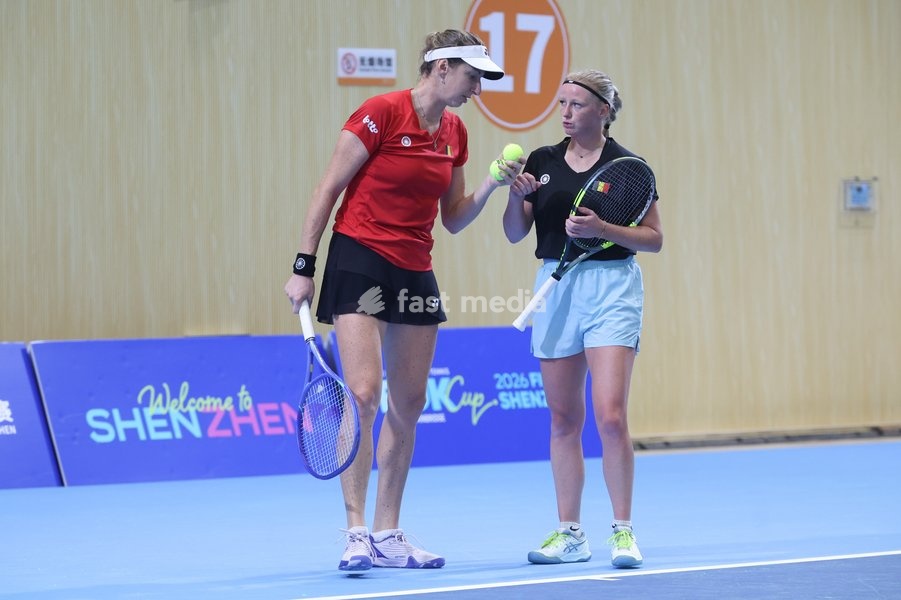 Belgian Magali Kempen and Belgian Lara Salden pictured during a training session for the Finals of the Billie King Cup tournament, on Wednesday 23 September 2026 in Shenzhen, China. Tomorrow, Belgium will play in Quarterfinals against Ukraine