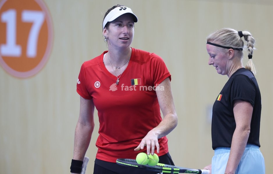 Belgian Magali Kempen and Belgian Lara Salden pictured during a training session for the Finals of the Billie King Cup tournament, on Wednesday 23 September 2026 in Shenzhen, China. Tomorrow, Belgium will play in Quarterfinals against Ukraine