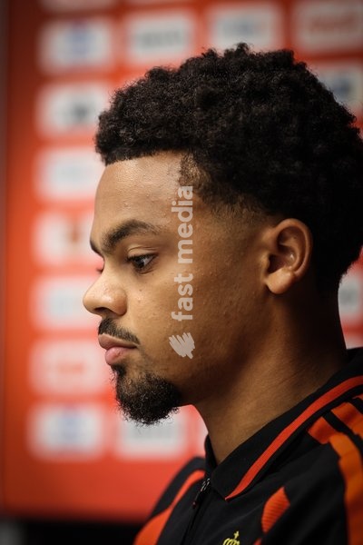 Belgian Lucas Noubi pictured during a press conference of the Red Devils U21 youth team, the Belgian youth national soccer team, at the national training center in Tubize, Wednesday 23 September 2026. The team is preparing for fixtures in the Euro 2027 qualifiers games