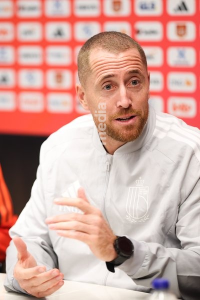 Belgium's U21 head coach Gil Swerts pictured during a press conference of the Red Devils U21 youth team, the Belgian youth national soccer team, at the national training center in Tubize, Wednesday 23 September 2026. The team is preparing for fixtures in the Euro 2027 qualifiers games