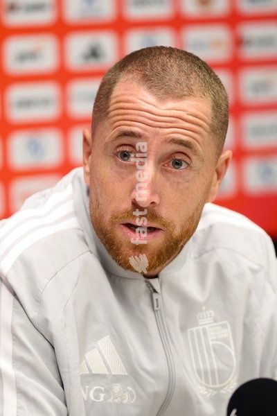 Belgium's U21 head coach Gil Swerts pictured during a press conference of the Red Devils U21 youth team, the Belgian youth national soccer team, at the national training center in Tubize, Wednesday 23 September 2026. The team is preparing for fixtures in the Euro 2027 qualifiers games