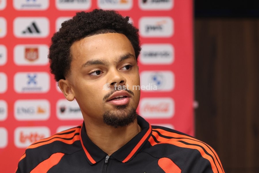 Belgian Lucas Noubi pictured during a press conference of the Red Devils U21 youth team, the Belgian youth national soccer team, at the national training center in Tubize, Wednesday 23 September 2026. The team is preparing for fixtures in the Euro 2027 qualifiers games
