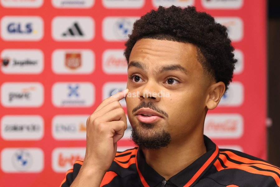 Belgian Lucas Noubi pictured during a press conference of the Red Devils U21 youth team, the Belgian youth national soccer team, at the national training center in Tubize, Wednesday 23 September 2026. The team is preparing for fixtures in the Euro 2027 qualifiers games