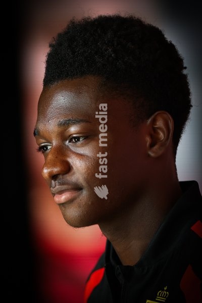 Belgium's Jesse Bisiwu talks to the press ahead of a press conference of the Red Devils U21 youth team, the Belgian youth national soccer team, at the national training center in Tubize, Wednesday 23 September 2026. The team is preparing for fixtures in the Euro 2027 qualifiers games