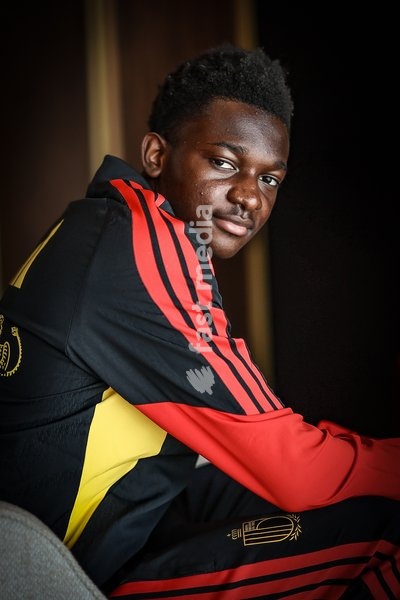 Belgium's Jesse Bisiwu poses for the photographer during a press conference of the Red Devils U21 youth team, the Belgian youth national soccer team, at the national training center in Tubize, Wednesday 23 September 2026. The team is preparing for fixtures in the Euro 2027 qualifiers games