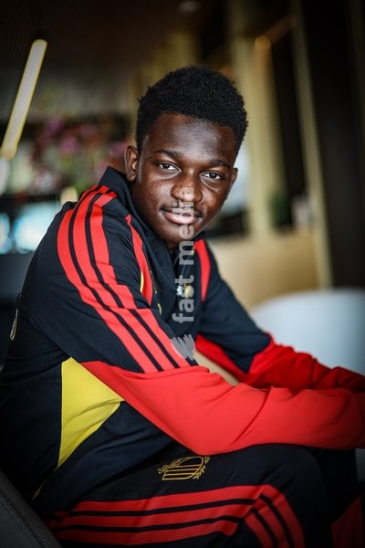 Belgium's Jesse Bisiwu poses for the photographer during a press conference of the Red Devils U21 youth team, the Belgian youth national soccer team, at the national training center in Tubize, Wednesday 23 September 2026. The team is preparing for fixtures in the Euro 2027 qualifiers games