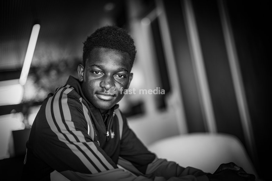 Belgium's Jesse Bisiwu poses for the photographer during a press conference of the Red Devils U21 youth team, the Belgian youth national soccer team, at the national training center in Tubize, Wednesday 23 September 2026. The team is preparing for fixtures in the Euro 2027 qualifiers games