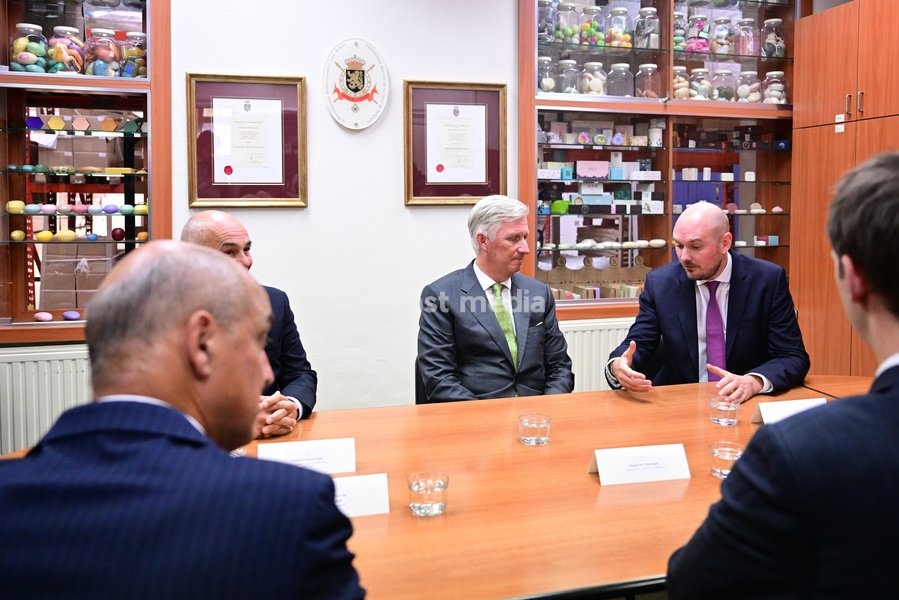King Philippe - Filip of Belgium and Maxime Pecsteen, CEO Savonneries Bruxelloises pictured during a royal visit to the Savonneries Bruxelloises soap manufacturer in Laeken, where the King will inaugurate the factory’s new building to mark its centennial, on Wednesday 23 September 2026