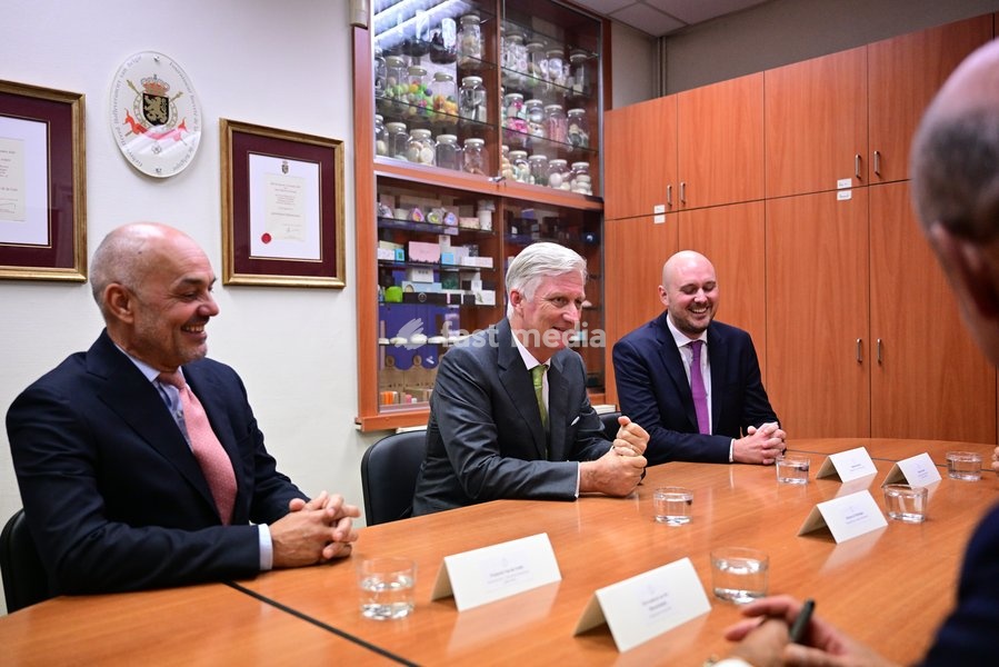 King Philippe - Filip of Belgium and Maxime Pecsteen, CEO Savonneries Bruxelloises pictured during a royal visit to the Savonneries Bruxelloises soap manufacturer in Laeken, where the King will inaugurate the factory’s new building to mark its centennial, on Wednesday 23 September 2026