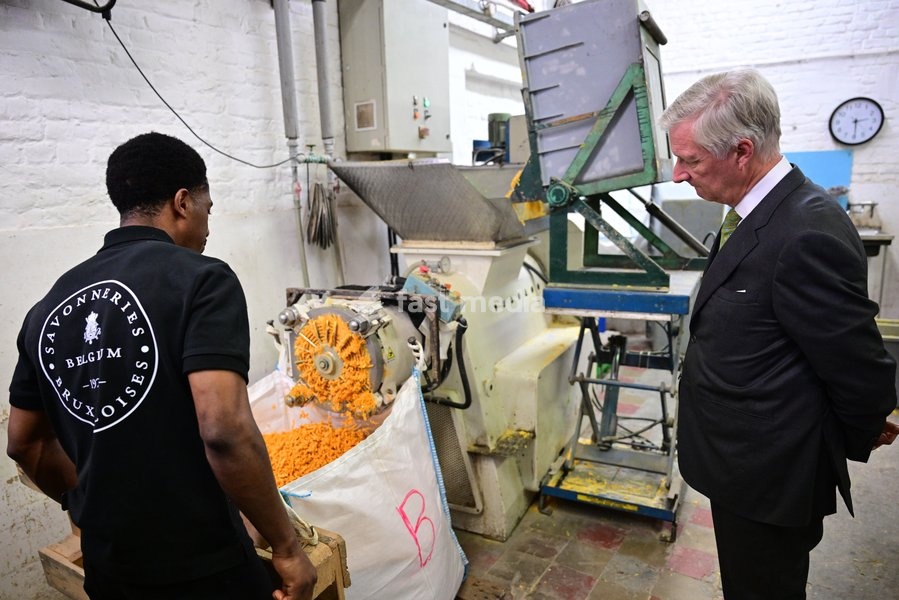 King Philippe - Filip of Belgium enjoys a guided tour at the Savonneries Bruxelloises soap manufacturer in Laeken, where the King will inaugurate the factory’s new building to mark its centennial, on Wednesday 23 September 2026