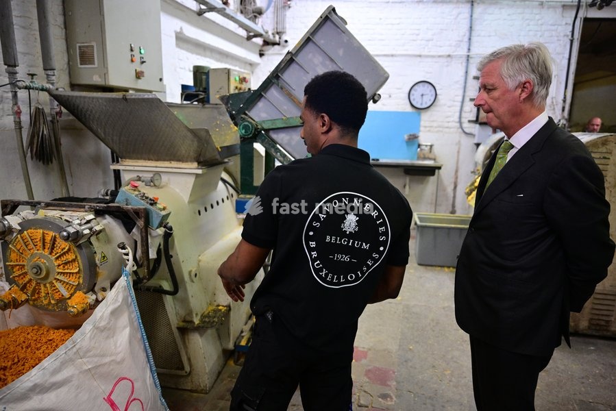 King Philippe - Filip of Belgium enjoys a guided tour at the Savonneries Bruxelloises soap manufacturer in Laeken, where the King will inaugurate the factory’s new building to mark its centennial, on Wednesday 23 September 2026