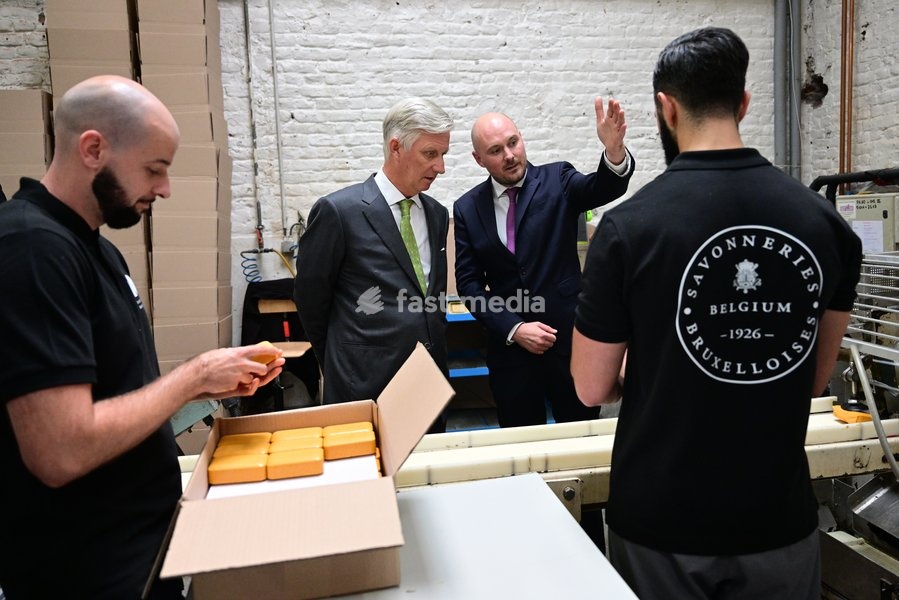 King Philippe - Filip of Belgium and CEO Savonneries Bruxelloises Maxime Pecsteen pictured during a guided tour through the Savonneries Bruxelloises soap manufacturer in Laeken, where the King will inaugurate the factory’s new building to mark its centennial, on Wednesday 23 September 2026