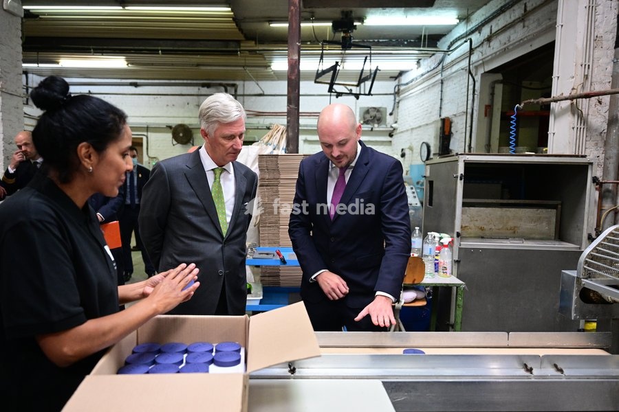 King Philippe - Filip of Belgium and CEO Savonneries Bruxelloises Maxime Pecsteen pictured during a guided tour through the Savonneries Bruxelloises soap manufacturer in Laeken, where the King will inaugurate the factory’s new building to mark its centennial, on Wednesday 23 September 2026