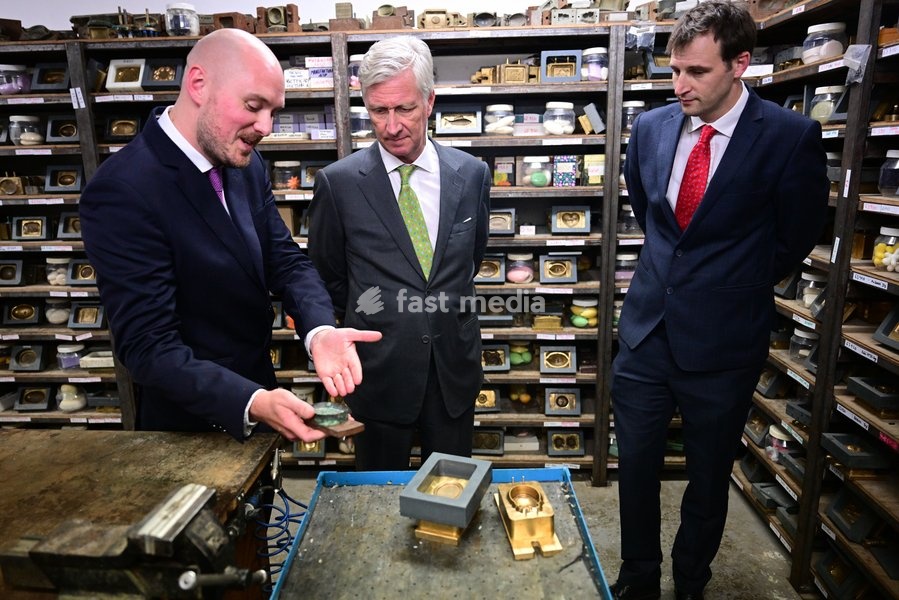 CEO Savonneries Bruxelloises Maxime Pecsteen and King Philippe - Filip of Belgium pictured during a royal visit to the Savonneries Bruxelloises soap manufacturer in Laeken, where the King will inaugurate the factory’s new building to mark its centennial, on Wednesday 23 September 2026