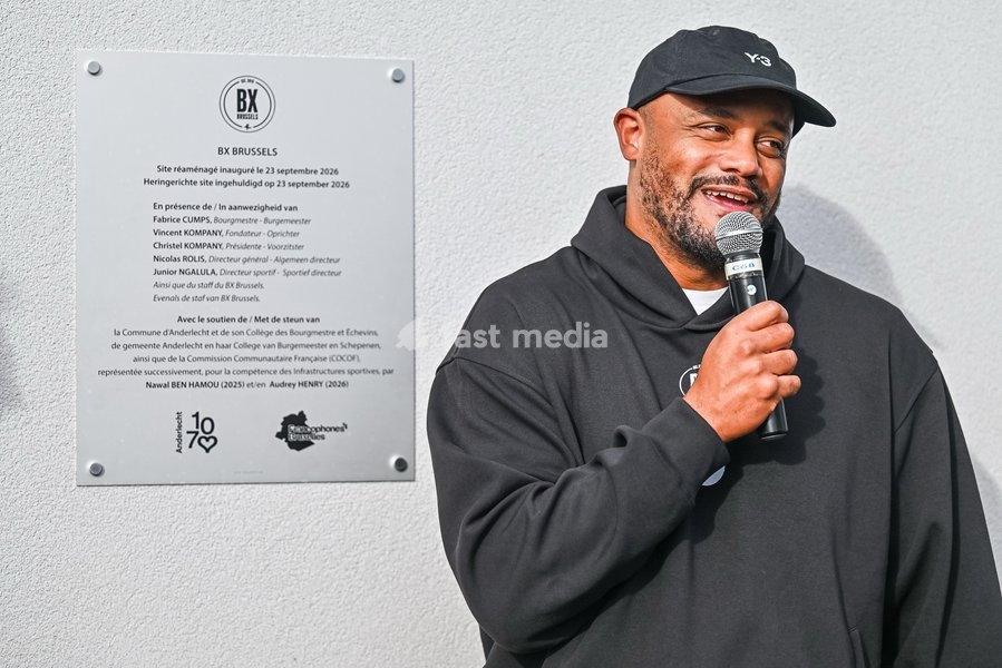 Former international player and FC Bayern's Head Coach Vincent Kompany delivers a speech at a press conference to announce the partnership between the BX Brussels soccer club and Foodmaker on Wednesday 23 September 2026 in Brussels