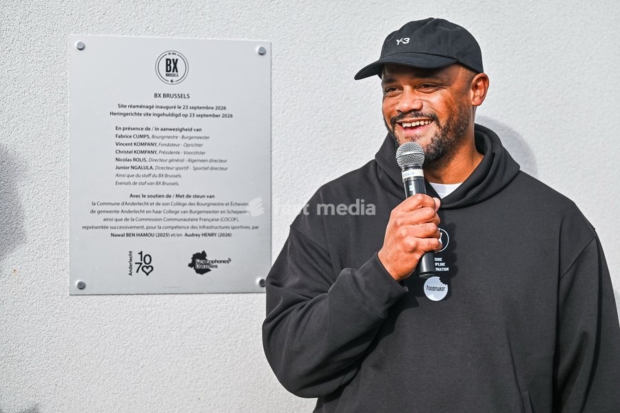 Former international player and FC Bayern's Head Coach Vincent Kompany delivers a speech at a press conference to announce the partnership between the BX Brussels soccer club and Foodmaker on Wednesday 23 September 2026 in Brussels