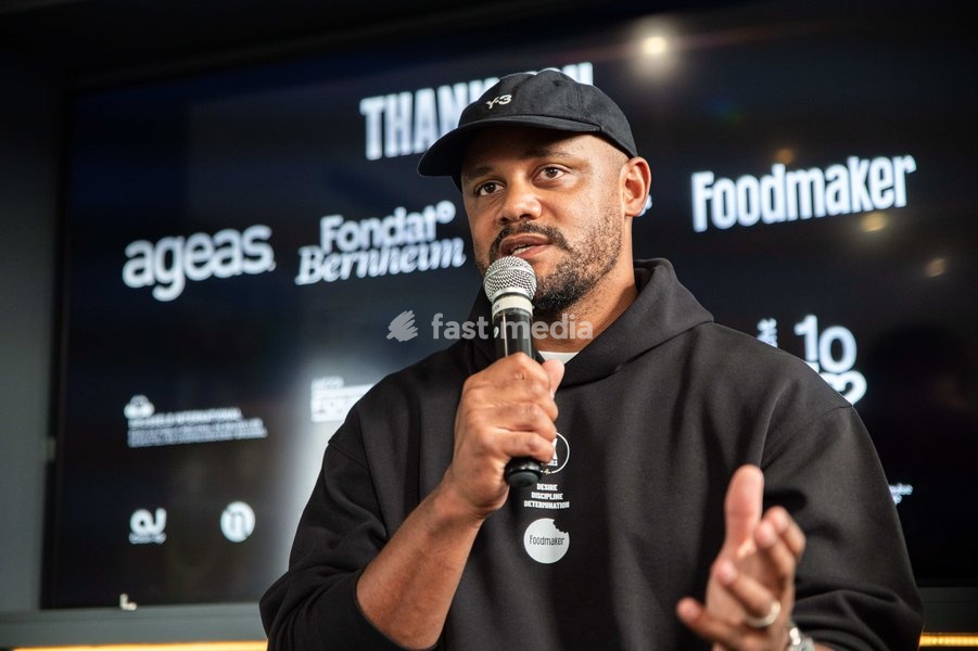 Former international player and FC Bayern's Head Coach Vincent Kompany delivers a speech at a press conference to announce the partnership between the BX Brussels soccer club and Foodmaker on Wednesday 23 September 2026 in Brussels