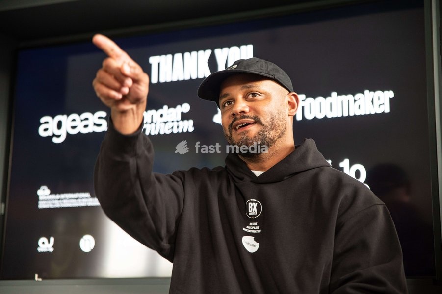 Former international player and FC Bayern's Head Coach Vincent Kompany delivers a speech at a press conference to announce the partnership between the BX Brussels soccer club and Foodmaker on Wednesday 23 September 2026 in Brussels
