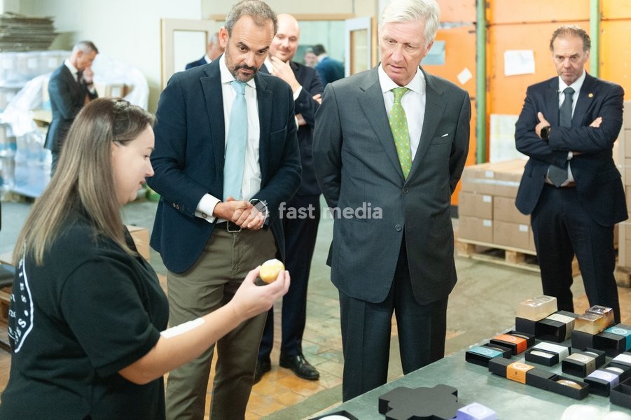King Philippe - Filip of Belgium pictured during a royal visit to the Savonneries Bruxelloises soap manufacturer in Laeken - Laken, Brussels, where the King will inaugurate the factory’s new building to mark its centennial, on Monday 22 September 2025