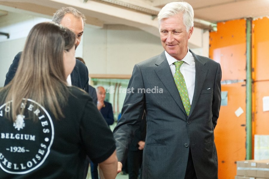 King Philippe - Filip of Belgium pictured during a royal visit to the Savonneries Bruxelloises soap manufacturer in Laeken - Laken, Brussels, where the King will inaugurate the factory’s new building to mark its centennial, on Monday 22 September 2025