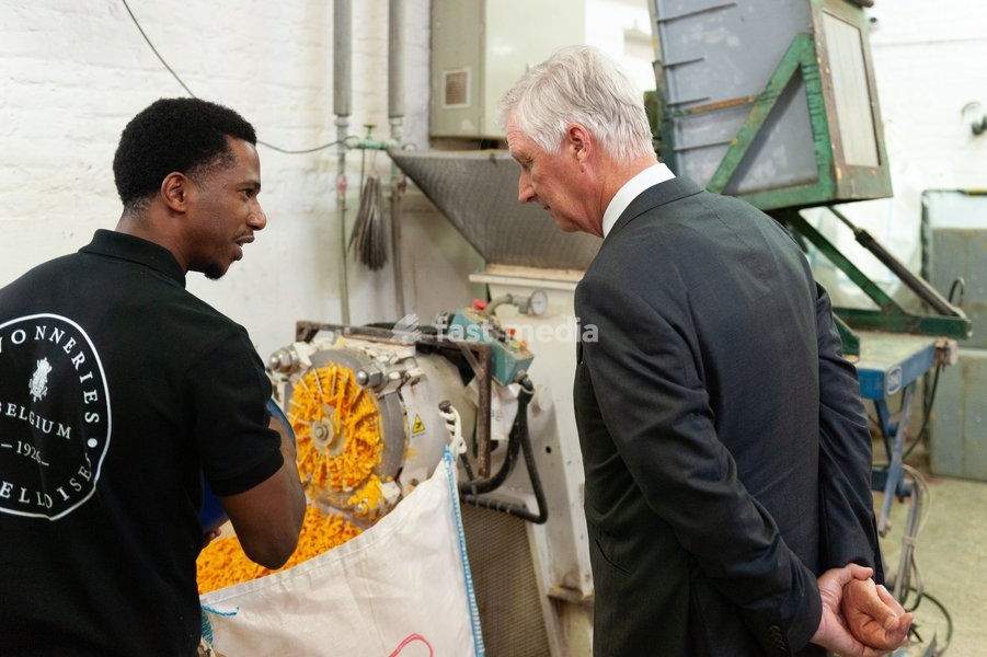 King Philippe - Filip of Belgium pictured during a royal visit to the Savonneries Bruxelloises soap manufacturer in Laeken - Laken, Brussels, where the King will inaugurate the factory’s new building to mark its centennial, on Monday 22 September 2025