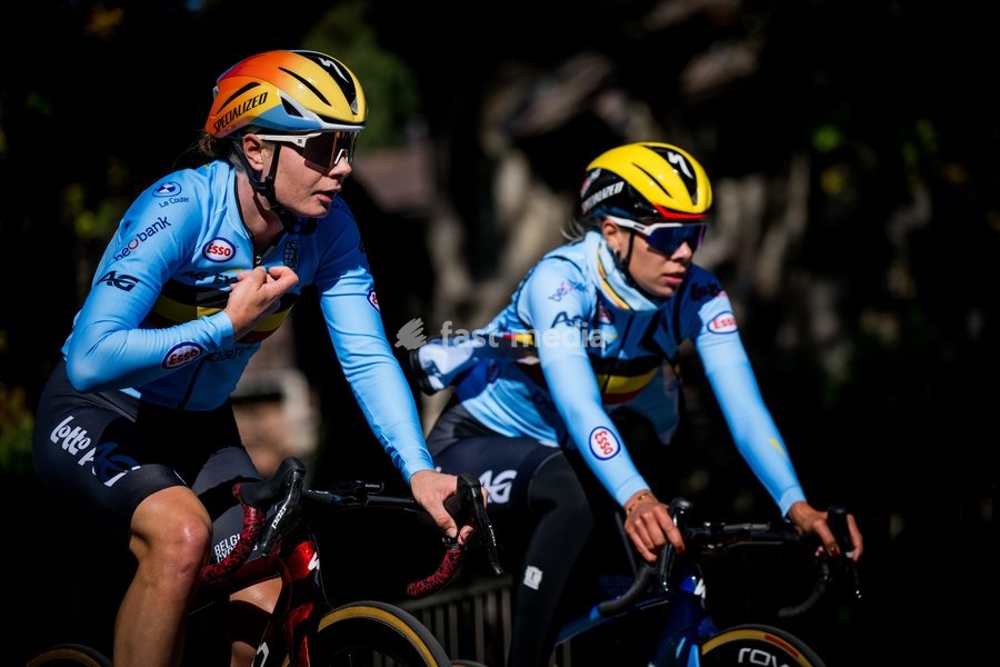 Belgian Lotte Kopecky and Belgian Shari Bossuyt pictured in action during a training before the cycling World Championship, in Montreal, Canada, Wednesday 23 September 2026. The UCI road world championships are taking place from 20 to 27 September, in Montreal, Canada